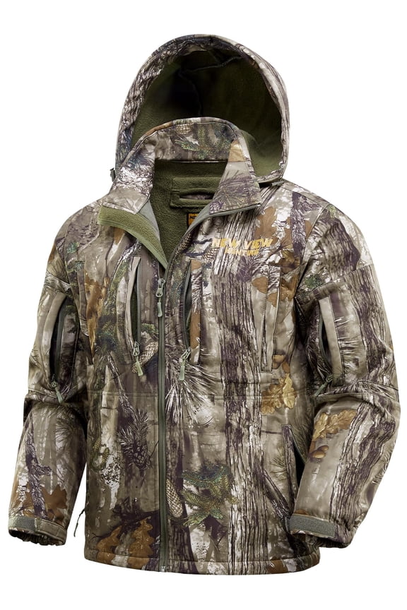 Quiet Hunting Jackets for Men, Fleece Lined Warm Camo Jacket with Hood, Safety Harness Compatible, Water-Resistant (Leaf Camo XL)