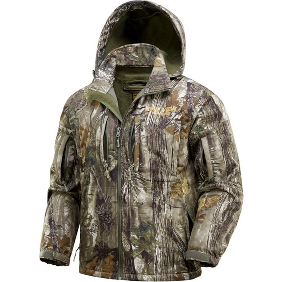 NEW VIEW Quiet Hunting Jackets for Men, Fleece Lined Warm Camo Jacket with Hood, Safety Harness Compatible, Water-Resistant (Leaf Camo XXL)