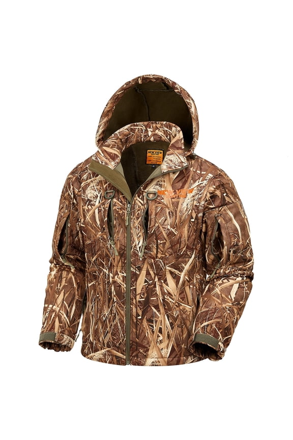 Quiet Hunting Jackets for Men, Fleece Lined Warm Camo Jacket with Hood, Safety Harness Compatible, Water-Resistant (Reeds Camo XXL)