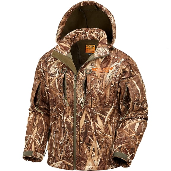 NEW VIEW Quiet Hunting Jackets for Men, Fleece Lined Warm Camo Jacket with Hood, Safety Harness Compatible, Water-Resistant (Reeds Camo XXL)