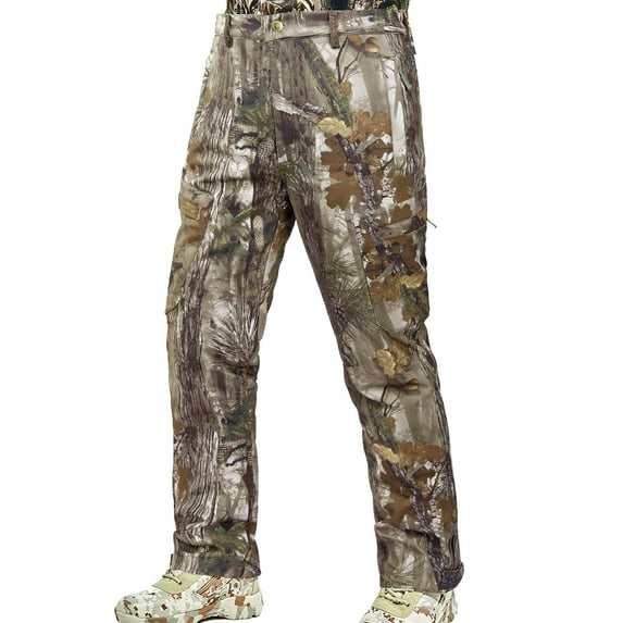 NEW VIEW Silent Camo Hunting Pants for Men Cold Weather, Fleece Lined Insulated Pants, Water-Resistant, Elastic Waist (Leaf Camo, S)