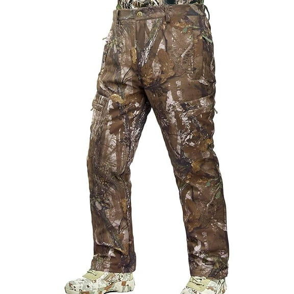 NEW VIEW Silent Camo Hunting Pants for Men Cold Weather, Fleece Lined Insulated Pants, Water-Resistant, Elastic Waist (Tree Camo, L)