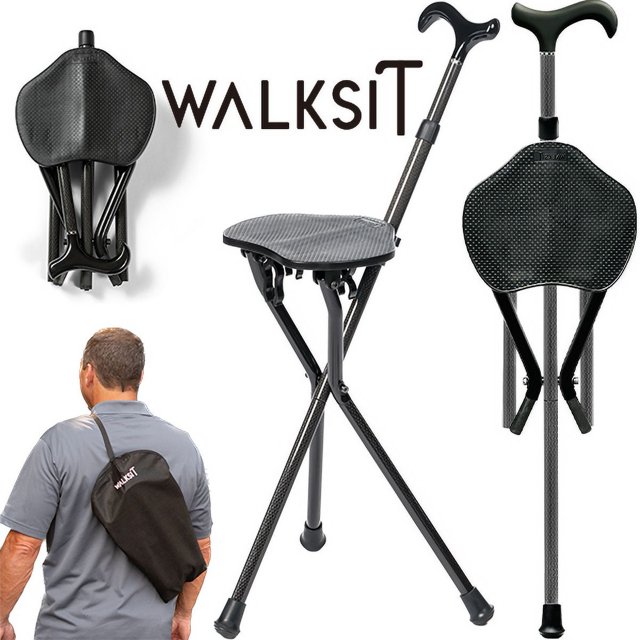 WalkSit Carbon Cane Chair Lightweight, Compact Folding Seat for Travel