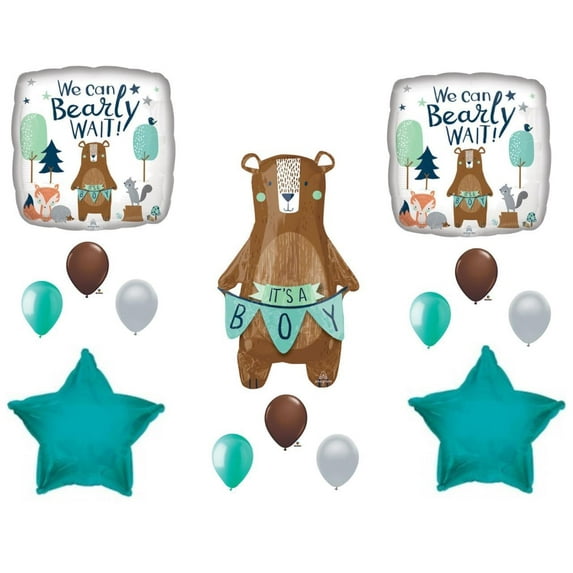 NEW! We Can Bearly Wait Baby It's A Boy Shower Balloons Bear Woodland