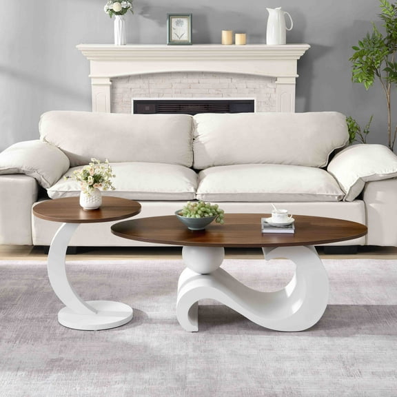 NEW White Nesting Coffee Table Set of 2, Oral and Round Coffee Table Set, Table for Living Room, Large 47.24'', Small 19.69''