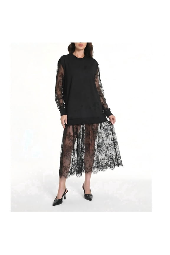 NEW Women's Black Lace-Sleeve Sweatshirt Dress, Fall Loose Fit Sweater Dress with All-Over Lace Skirt, Sexy & Casual Long Sleeve Dress (Sizes S-XL, Oversized Fit)