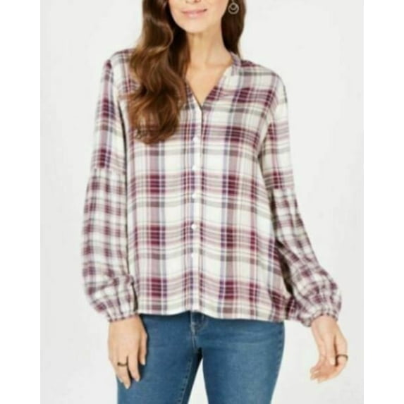 NEW Women's Style Co Plaid Bishop-Sleeve Button Front Shirt Plaid Size XL