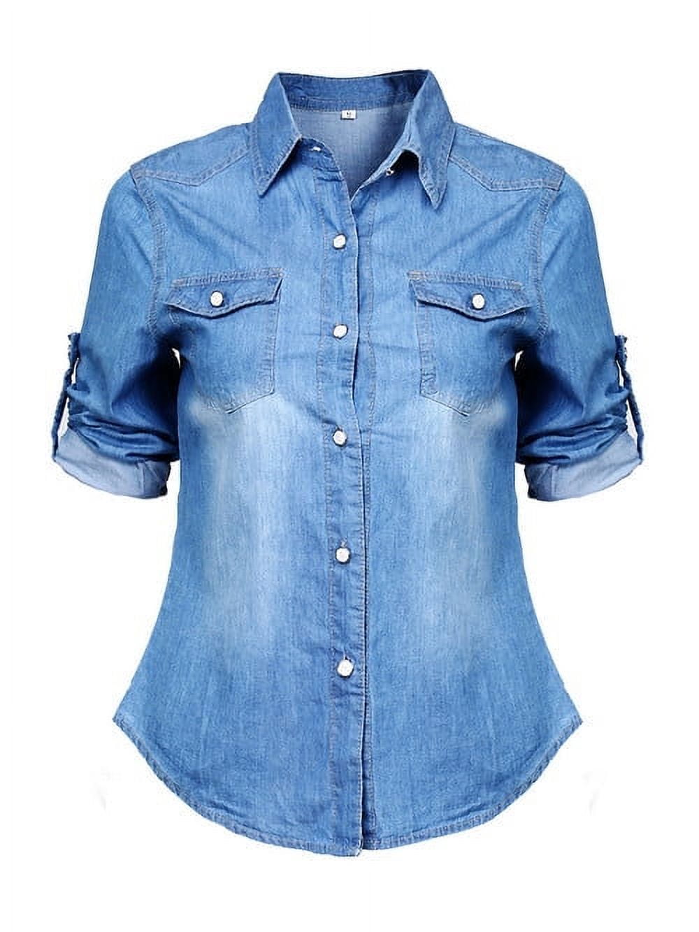NEW Womens Denim Shirt Ladies Classic Fitted Shirts Size 8 10 12 14 ...