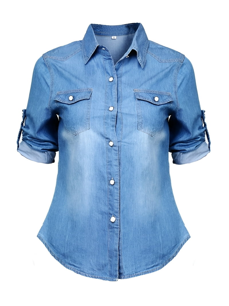 Dark Jeans Shirt Ladies Spykar Mid Blue Cotton Full Sleeve Denim