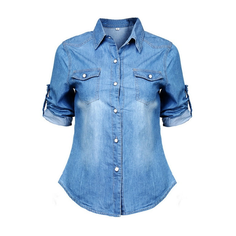 NEW Womens Denim Shirt Ladies Classic Fitted Shirts Size 8 10 12 14 Blue  Jeans Dark Blue XL