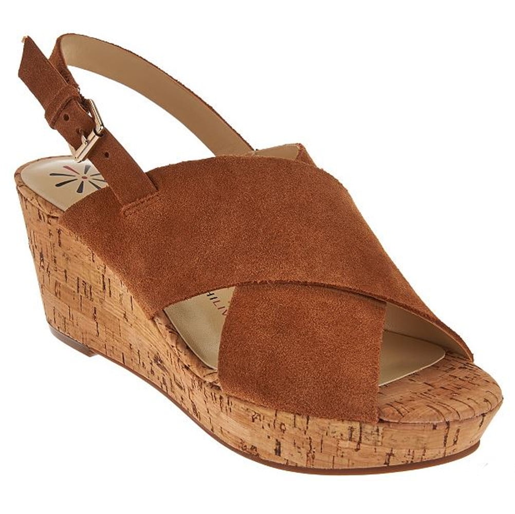 NEW Womens Isaac Mizrahi Maddie Crossband Wedge Sandals Cognac Sz 9 M ASO QVC Walmart