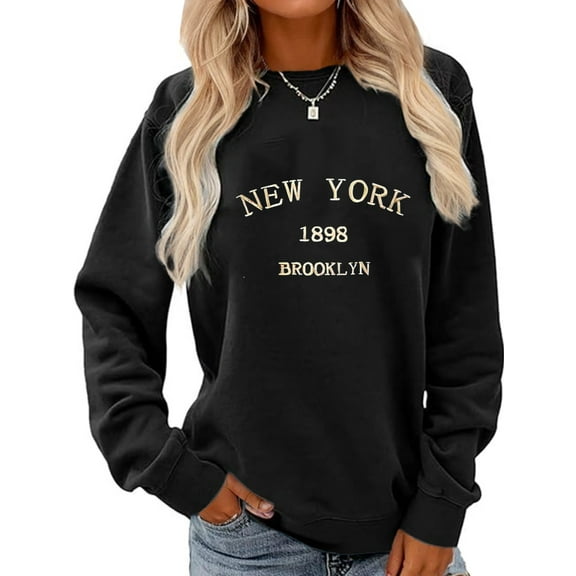 NEW YORK 1898 BROOKLYN Graphic letter printed Crewneck Sweatshirts Casual Loose Long Sleeve Pullover Tops