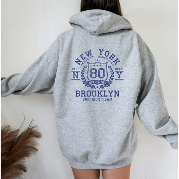 NEW YORK BROOKLYN Front Back Graphic Unisex Fleece Hooded Sweatshirt