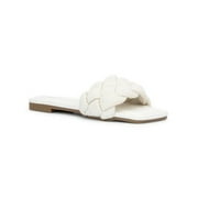 NEW YORK & CO Womens White Padded Beaded Woven Caris Square Toe Slip On Slide Sandals Shoes 11