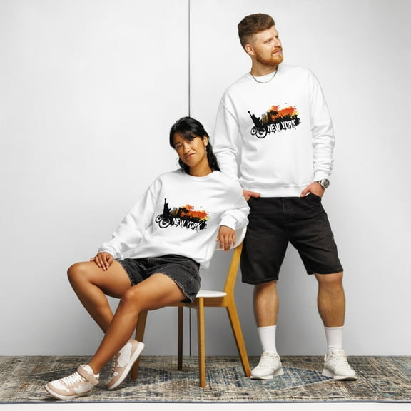 NEW YORK City Party Illustration Crew neck sweatshirt (White, S)