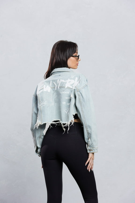 NEW YORK LADY RHINESTONES Crop Denim Jacket - Blue XL