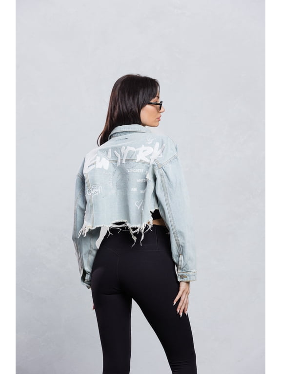 NEW YORK LADY RHINESTONES Crop Denim Jacket - Blue XL