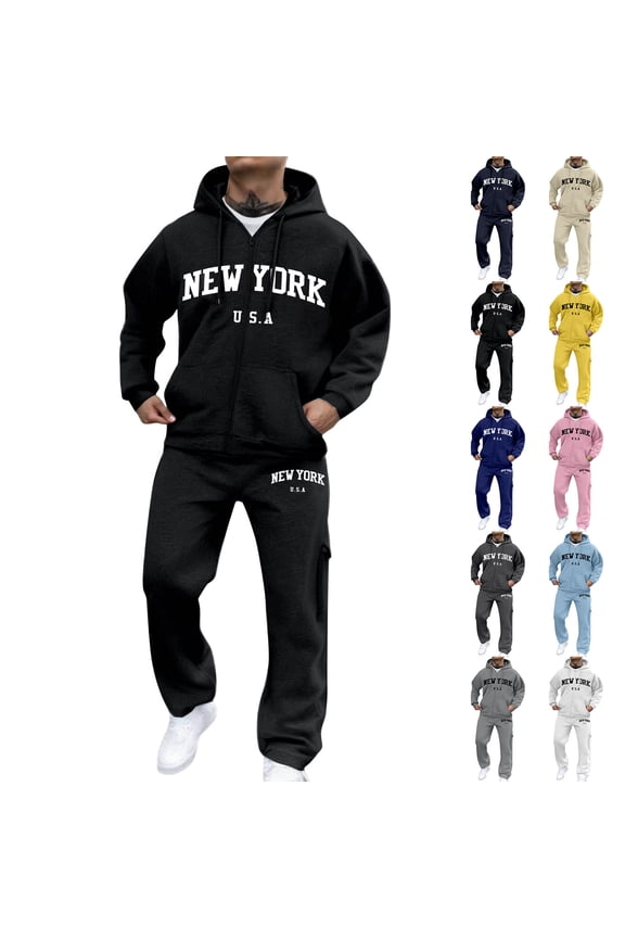 NEW YORK USA Men's Winter 2-Piece Sweatsuit, Zippered Sweatshirt Jacket and Jogger Pants, Casual Sports Set For Cold Weather Outdoor Wear,Dark Gray,S