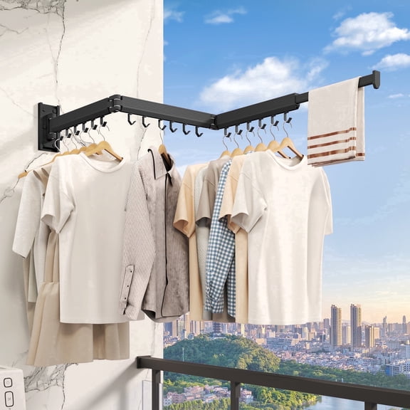 CHAHUANV Wall Mounted Clothes Drying Rack, Foldable Retractable Design with Hooks, Black
