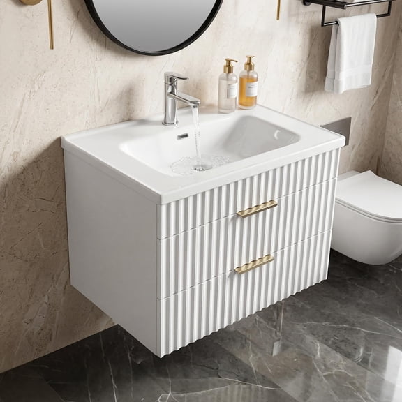 NEWADARA 24 Inch Floating Bathroom Vanity with Sink, Modern Wall Mounted Vanity with Ceramic Sink, 2 Large Storage Drawers w/Gold Handles & Smooth Glide Motion, White