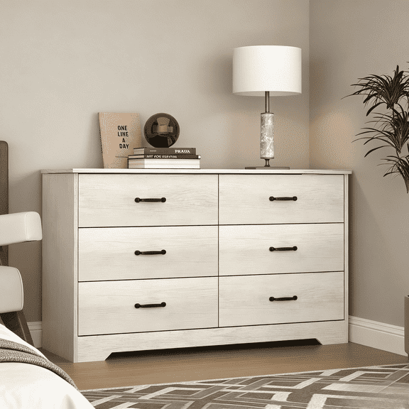 NEWADARA 6-Drawer Double Dresser, Washed White Dresser for Bedroom, Chest of Drawers with 6 Storage Drawers,TV Stand, Washed White