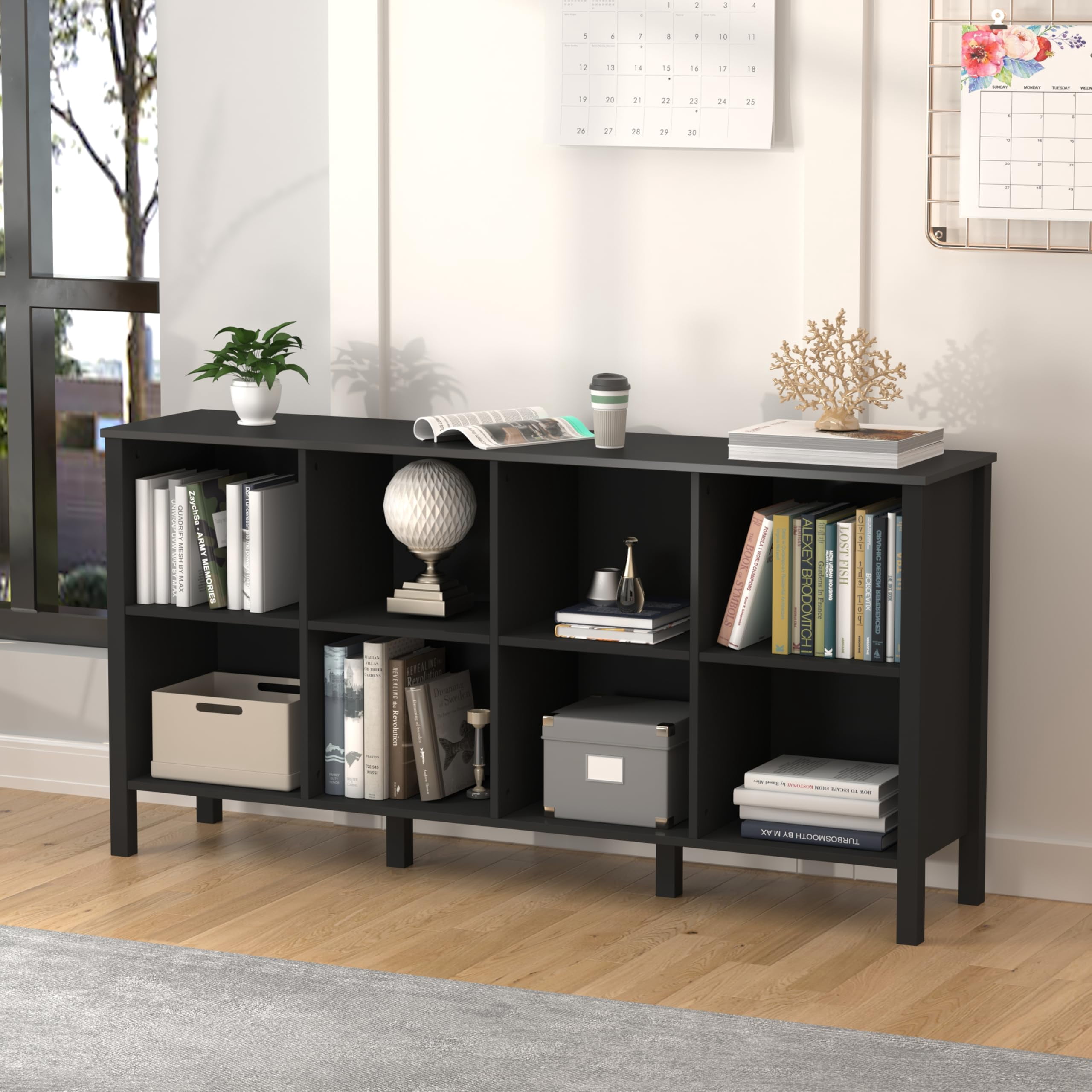NEWADARA 8-Cube Bookcase, Farmhouse Wooden Bookshelf Low Storage Organizer, 59" Horizontal Black Console with Legs, Hallway Book Case for Entryway, Display Cabinet for Living Room (Black, 8-Cube)