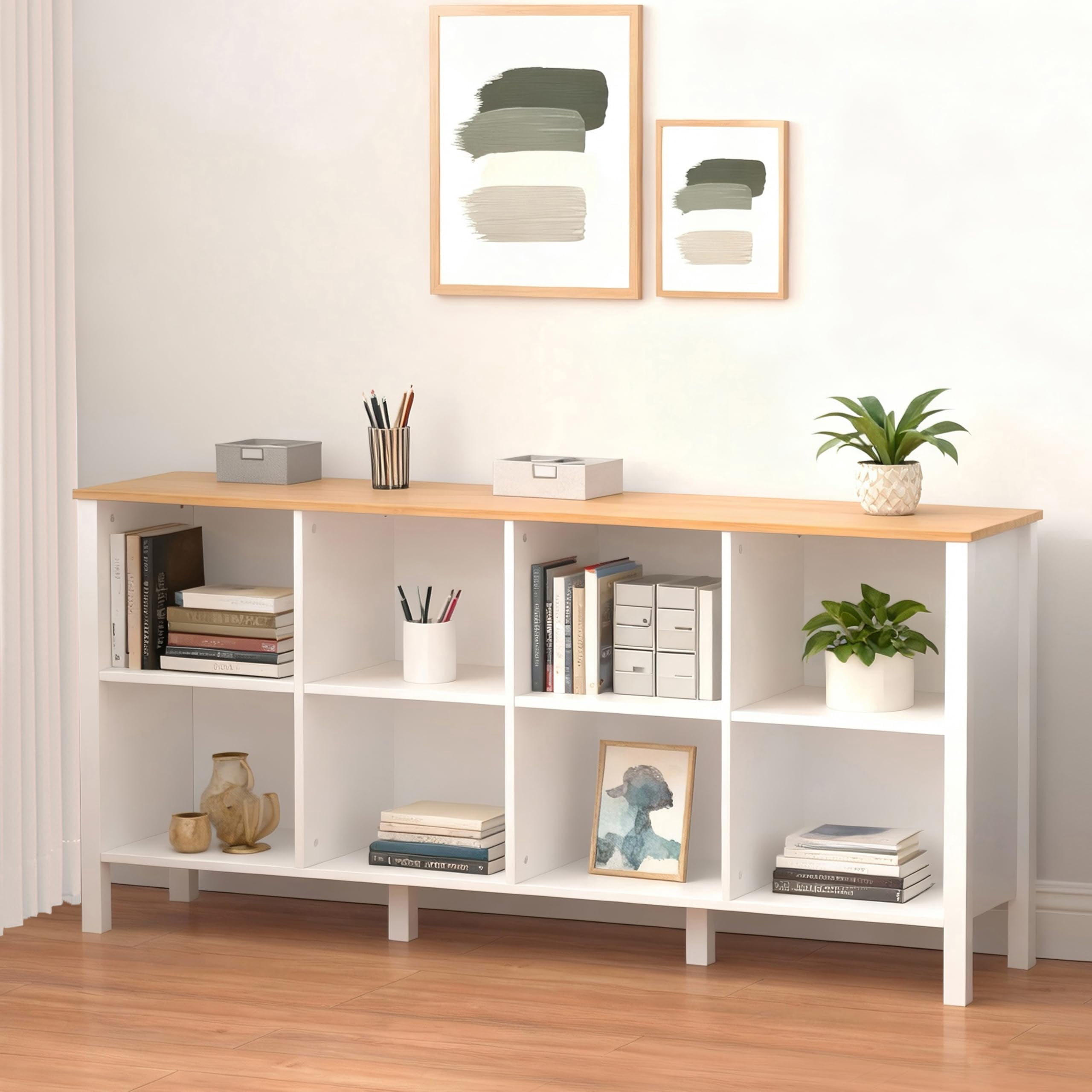 NEWADARA 8-Cube Bookcase, Farmhouse Wooden Bookshelf Low Storage Organizer, 59" Horizontal White Console with Legs, Hallway Book Case for Entryway, Display Cabinet for Living Room (White, 8-Cube)