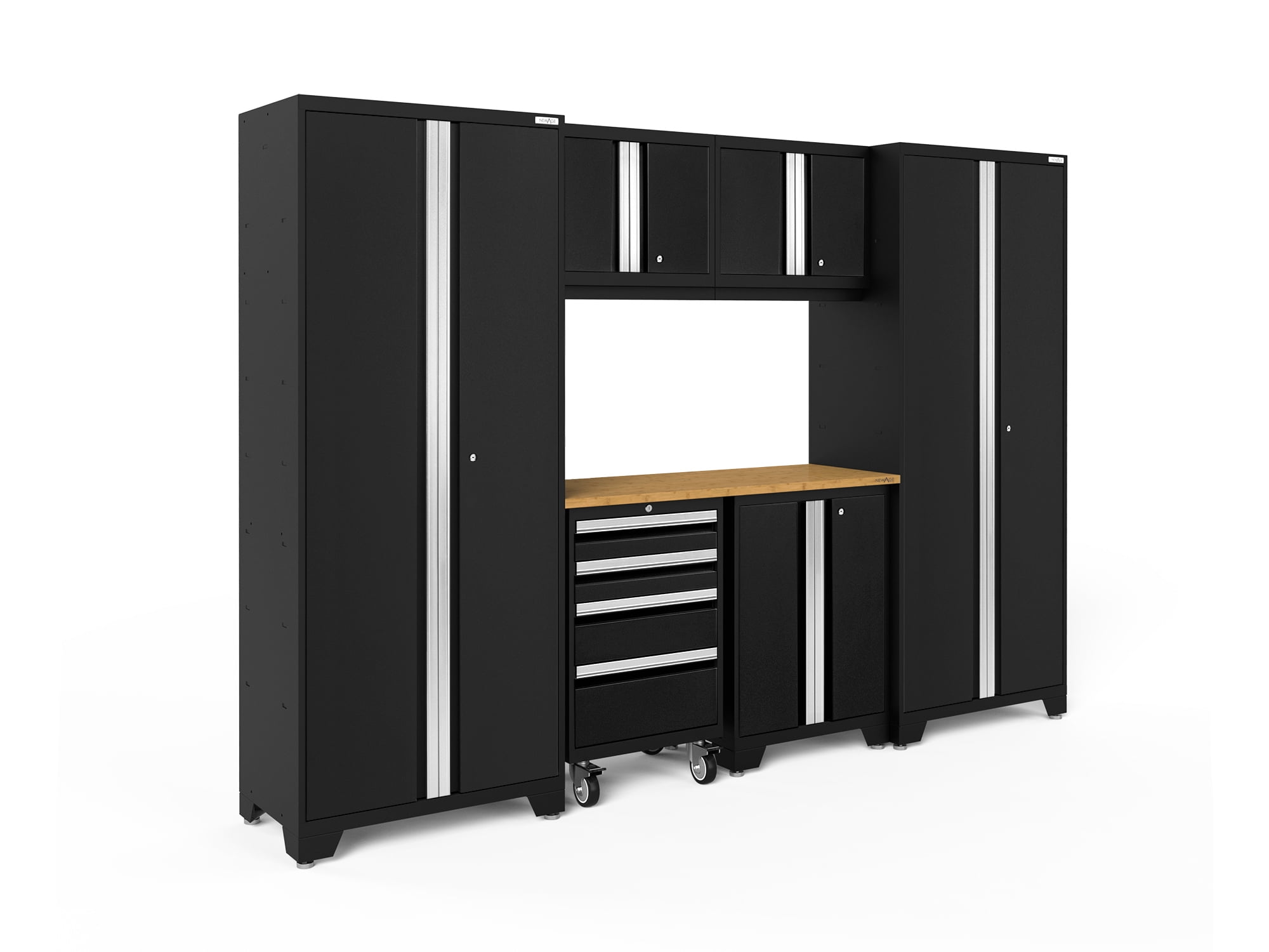 Black Lockable Garage Cabinet Set with Bamboo Worktop