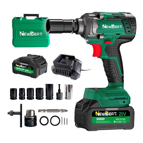 NEWBEAT 21V Brushless 1/2-Inch Cordless Impact Wrench Kit with Two 4.0Ah Batteries