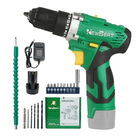 NEWBEAT Cordless Drill Set, 12V Power Drill Driver with Battery and Charger, 3/8" Keyless Chuck, 2 Variable Speed for Home and DIY Project, Green