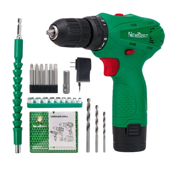 NEWBEAT Cordless Drill Set, 12V Power Drill with Battery and Charger, 3/8" Keyless Chuck, 2 Variable Speed, 18+1 Torque for Home Diy