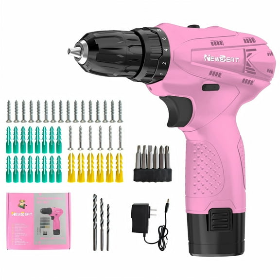NEWBEAT Cordless Drill Set - 12V Power Drill with Battery and Charger, 3/8" Keyless Chuck, 2 Variable Speed, Pink Electric Tools for Women DIY