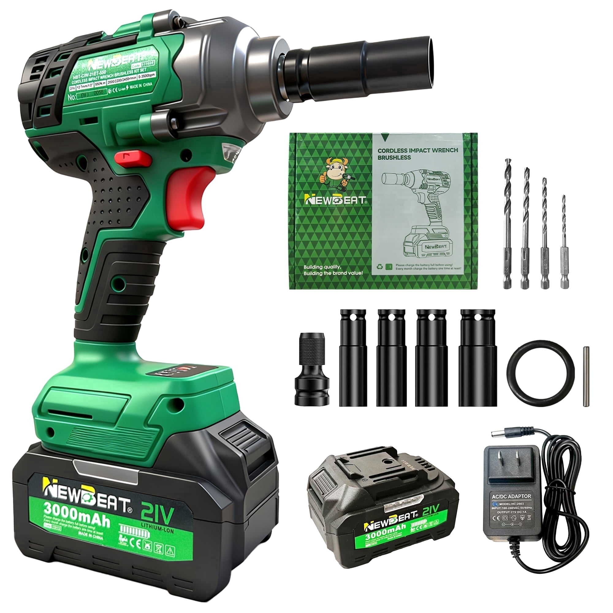 NEWBEAT Cordless Impact Wrench Set, 1/2 inch Impact Gun, 550 N.m Torque, 21V Brushless, 2400 RPM Variable Speeds for Car Home DIY, Tire Removal Tool