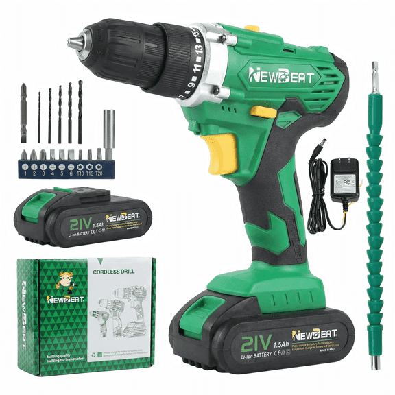 NEWBEAT Power Drill Set, 21V Cordless Drill with Battery and Charger, 3/8" Keyless Chuck, 2 Variable Speed, 25+1 Torque Setting, Power Tools for DIY
