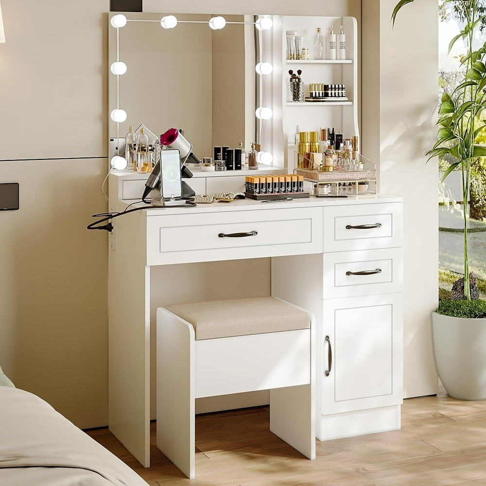 NEWCE Modern Makeup Vanity Table Set with Lighted Mirror Dressing Table ...