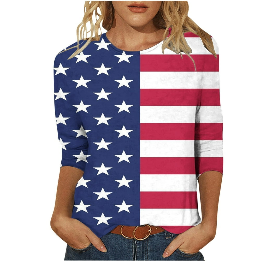 NEWCE Shirt 3/4 Sleeve American Flag Tops Women 4th of July Patriotic ...