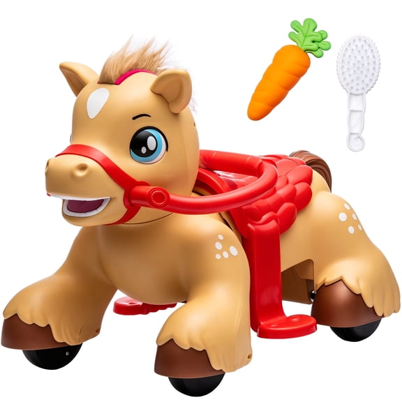 Xuanlur 12V Unicorn Ride on Toy for Toddlers, Interactive Battery Powered Electric Car w/Glowing Horn & Magic Sounds, Carrot Toy, Comb, Plush Mane, Ride on Horse for Kids Ages 1.5-3 Years Old, Brown