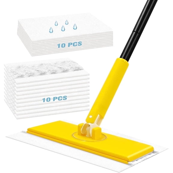 NEWE Sweeper Dry & Wet Mop, for Versatile Floor, 10 Dry Sweeping Cloths & 10 Wet Mopping Pads, Yellow