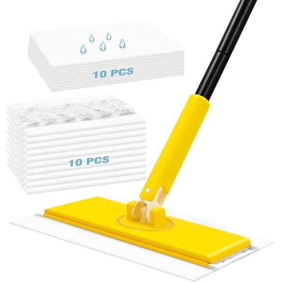 NEWE Sweeper Dry & Wet Mop for Versatile Floor, 10 Dry Sweeping Cloths & 10 Wet Mopping Pads, Yellow