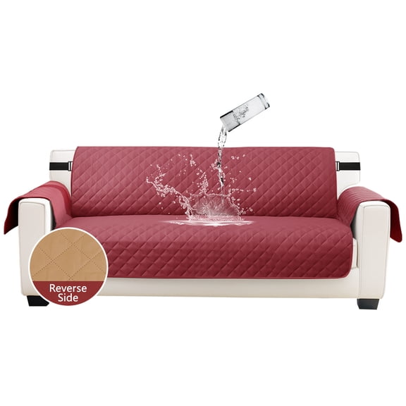 NEWEEN 100% Waterproof Sofa Cover Machine Washable Reversible Couch Cover Non Slip Furniture Protector Slipcover for Dogs, Children, Pets, Chair Size, Wine Red