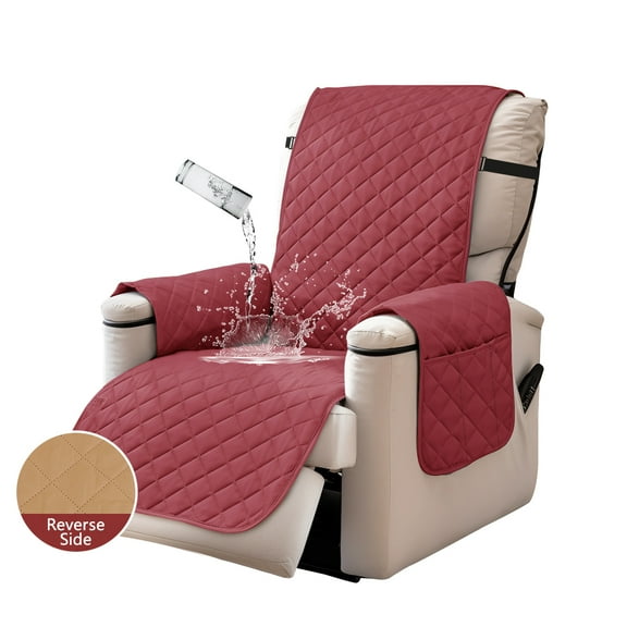 NEWEEN 100% Waterproof Sofa Cover Machine Washable Reversible Couch Cover Non Slip Furniture Protector Slipcover for Dogs, Children, Pets, Recliner Size, Wine Red