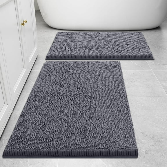 NEWEEN Bathroom Rugs and Mats Set 2 Piece Chenille Bath Mat Set, Machine Wash Dry, Non Slip Absorbent Shaggy Bath Rug for Bath Room, Shower and Tub (30" x 20"+24" x 16", Dark Grey)
