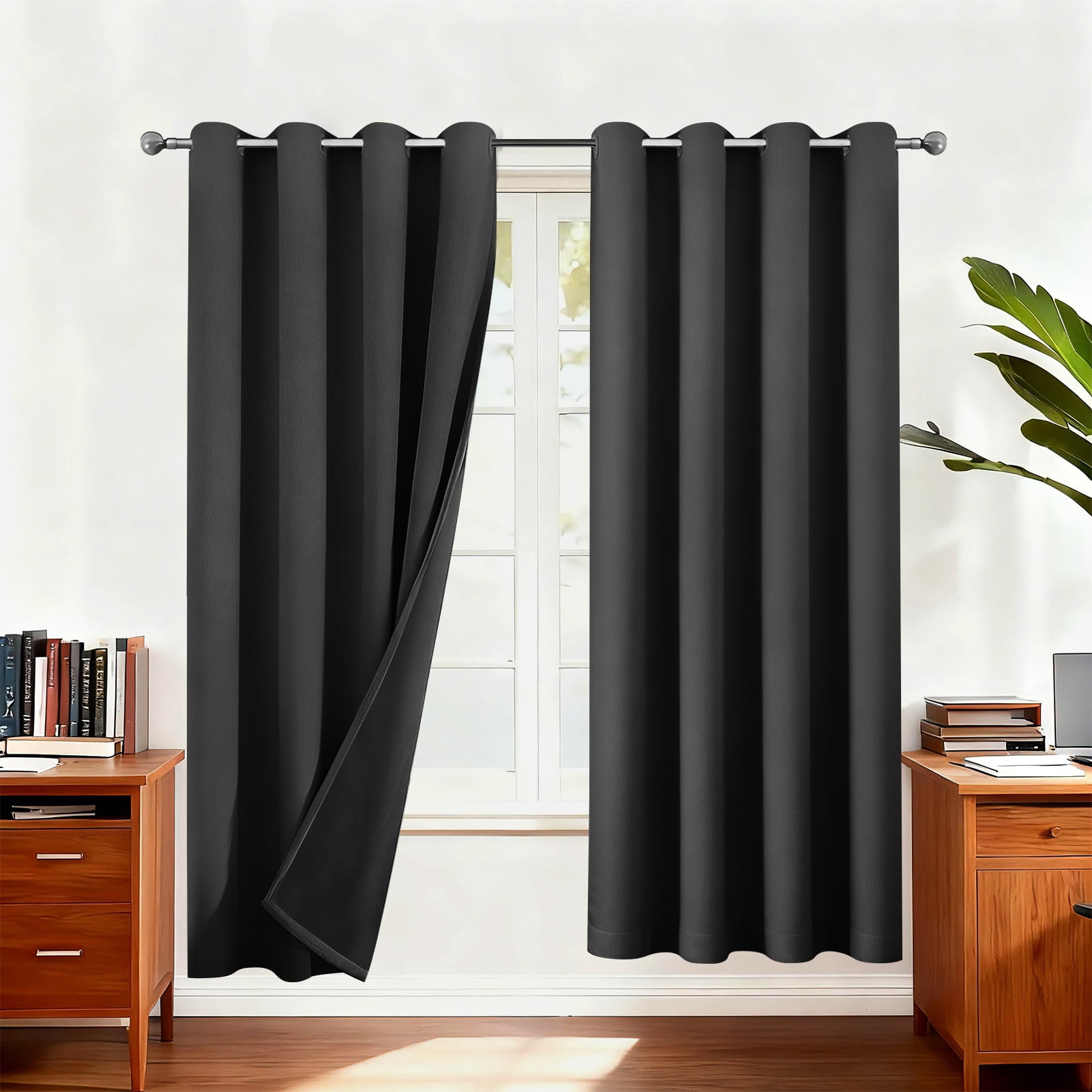 NEWEEN Blackout Curtains Thermal Insulated & Warm Protecting Curtains Eyelet for Living Room/ Bedroom, 52”W x 84”L,2 Panels,Black Curtains