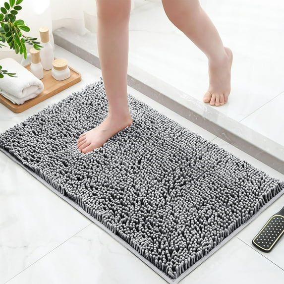 NEWEEN Chenille Bathroom Rugs Soft Non-Slip Super Water Absorbing Shower Mats, 20"x30", Light Grey