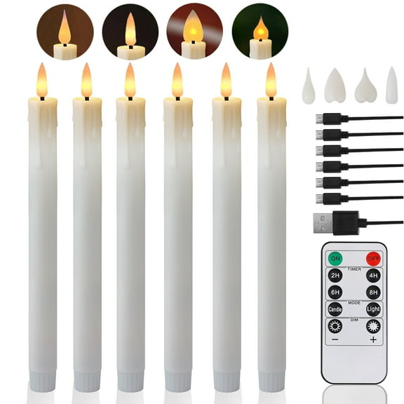 Rechargeable Flameless Taper Candles with Replace Lamp Head, 6 Pcs Real Wax LED Taper Candles Flickering with Remote&Timer, 3D Flame Battery Candlesticks for Home Wedding Christmas Decor (White)