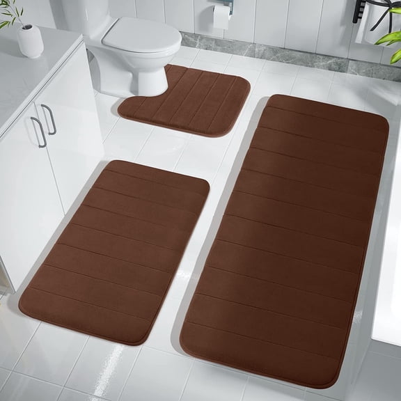 3 Piece Memory Foam Bath Mat Set with U-Shaped Toilet Mat Bathroom Rugs Soft Comfortable Water Absorption Bath Carpet Non-Slip Thick Machine Washable for Kitchen/Living Room(Coffee)