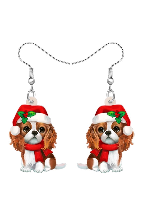 Acrylic Cute Christmas Cavalier King Charles Spaniel Dog Earrings Santa Hat Scarf Puppy Dangle Jewelry For Women Charms Holiday Gifts