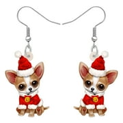 NEWEI Christmas Day Acrylic Adorable Chihuahua Earrings Santa Costume Puppy Pets Animals Dangle Jewelry For Women Dog Lovers Charms Birthday Holiday Party Gifts