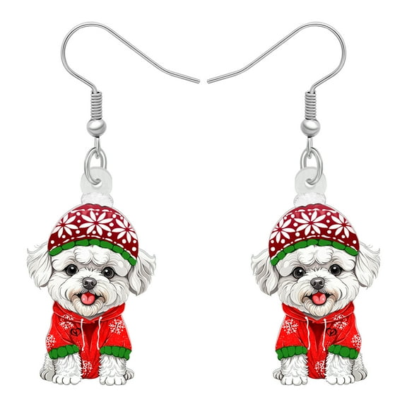NEWEI Christmas Day Acrylic Adorable Christmas Bichon Frise Dog Earrings Santa Costume Pets Animals Puppy Dangle Drop Jewelry Christmas Gifts For Women Dog Lovers