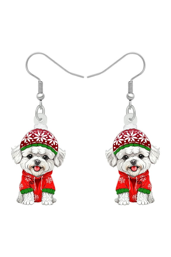 Christmas Day Acrylic Adorable Christmas Bichon Frise Dog Earrings Santa Costume Pets Animals Puppy Dangle Drop Jewelry Christmas Gifts For Women Dog Lovers